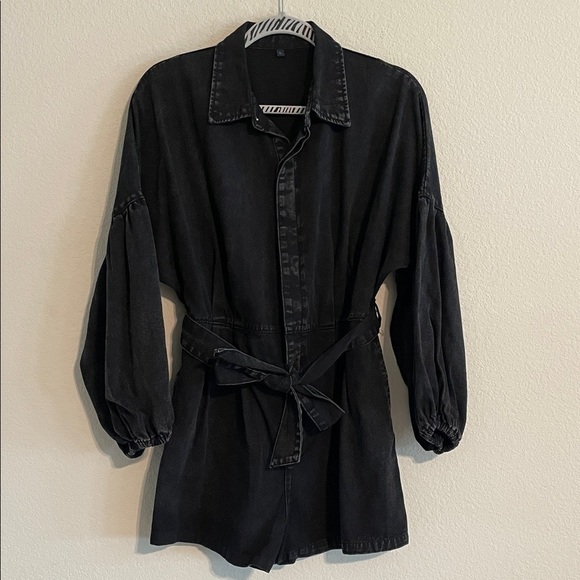 Women’s Black Ballon Sleeve Denim Romper with Belt Extra Large Causal Cotton - Picture 1 of 16